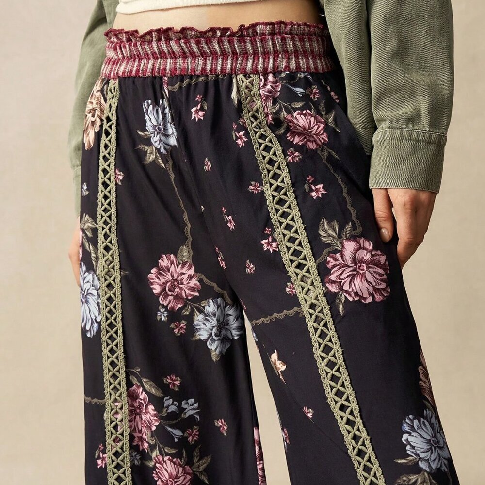 Black Casual Women's Loose Fit Plaid Patchwork Wide Leg Pants